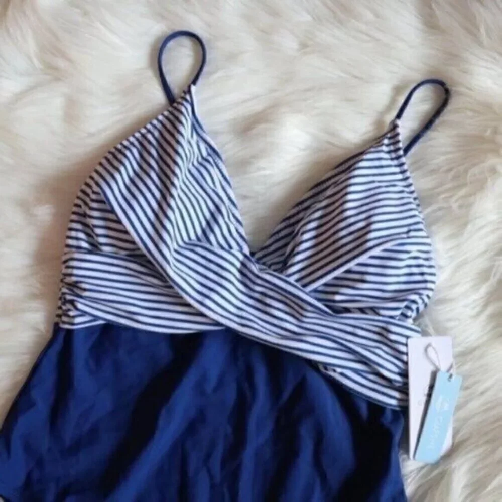 NWT Blue One Piece Bathing Suit Size XXL White Stripe Print